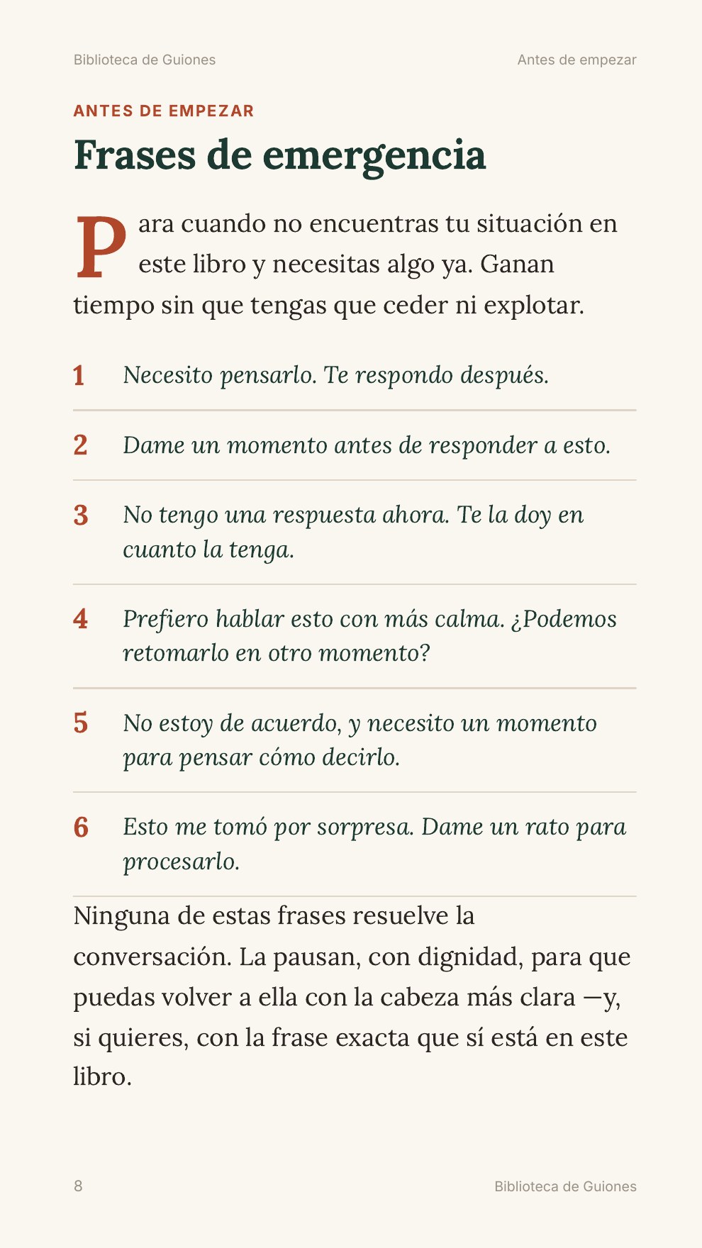 Página interior de Biblioteca de Guiones con frases de emergencia